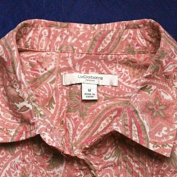LIZ CLAIBORNE BLOUSE LADIES SIZE M pink green white paisley tiny pleats cotton - Picture 2 of 7